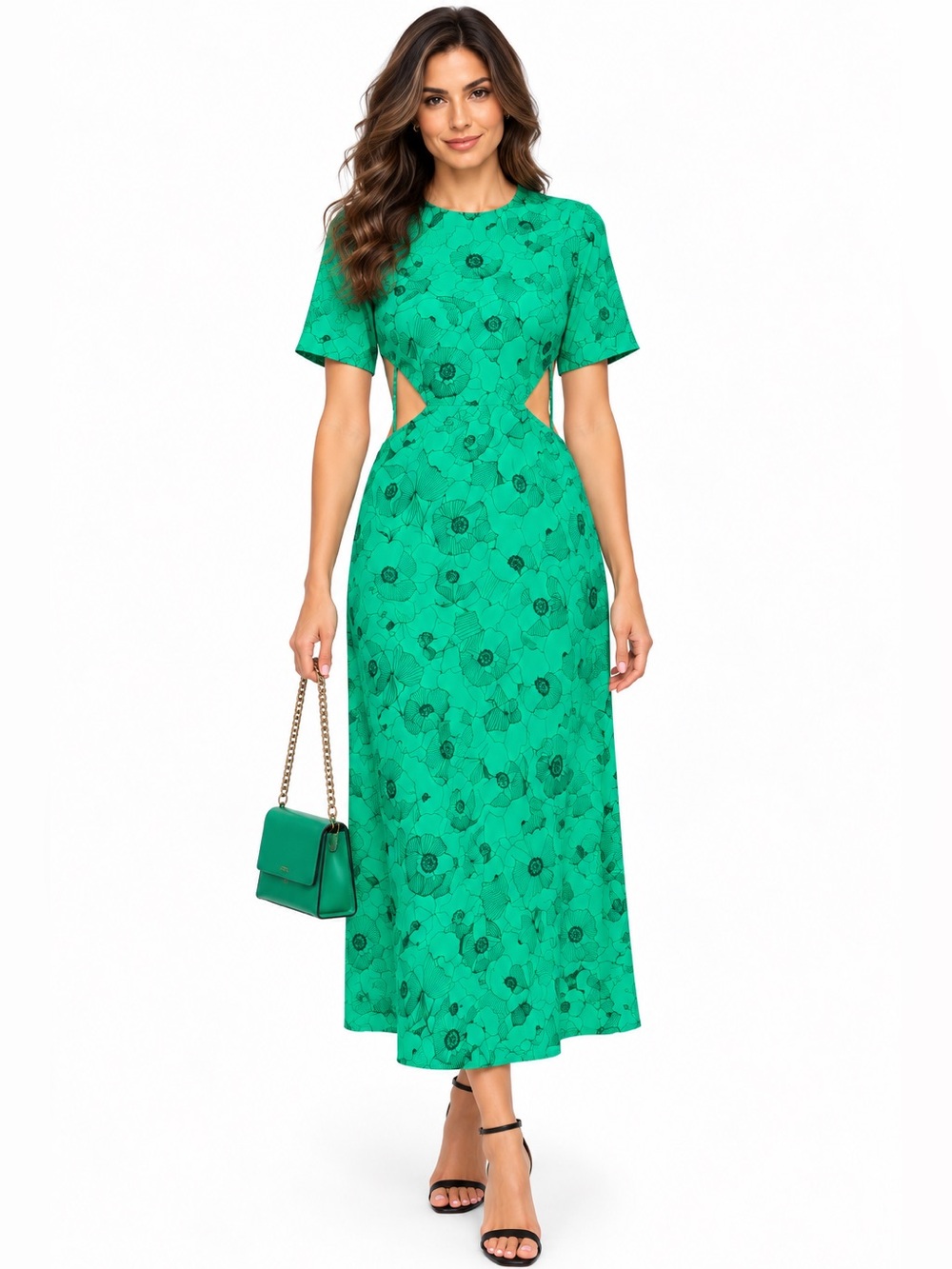 The Kooples Graphic Poppies Cutout Midi Dress Green NWT French Vanity Size 1